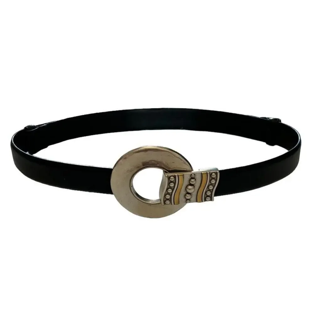 CHICO'S Women's Black Leather Large Circle Buckle Belt Size S/M With Hook